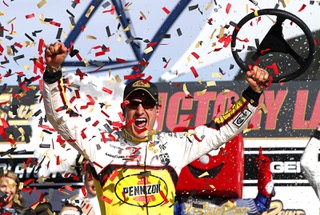 NASCAR Cup Series driver Joey Logano (22) celebrates in victory lane after winning the South Point 400 NASCAR Sprint Cup auto race at the Las Vegas Motor Speedway Sunday, Oct. 16, 2022.