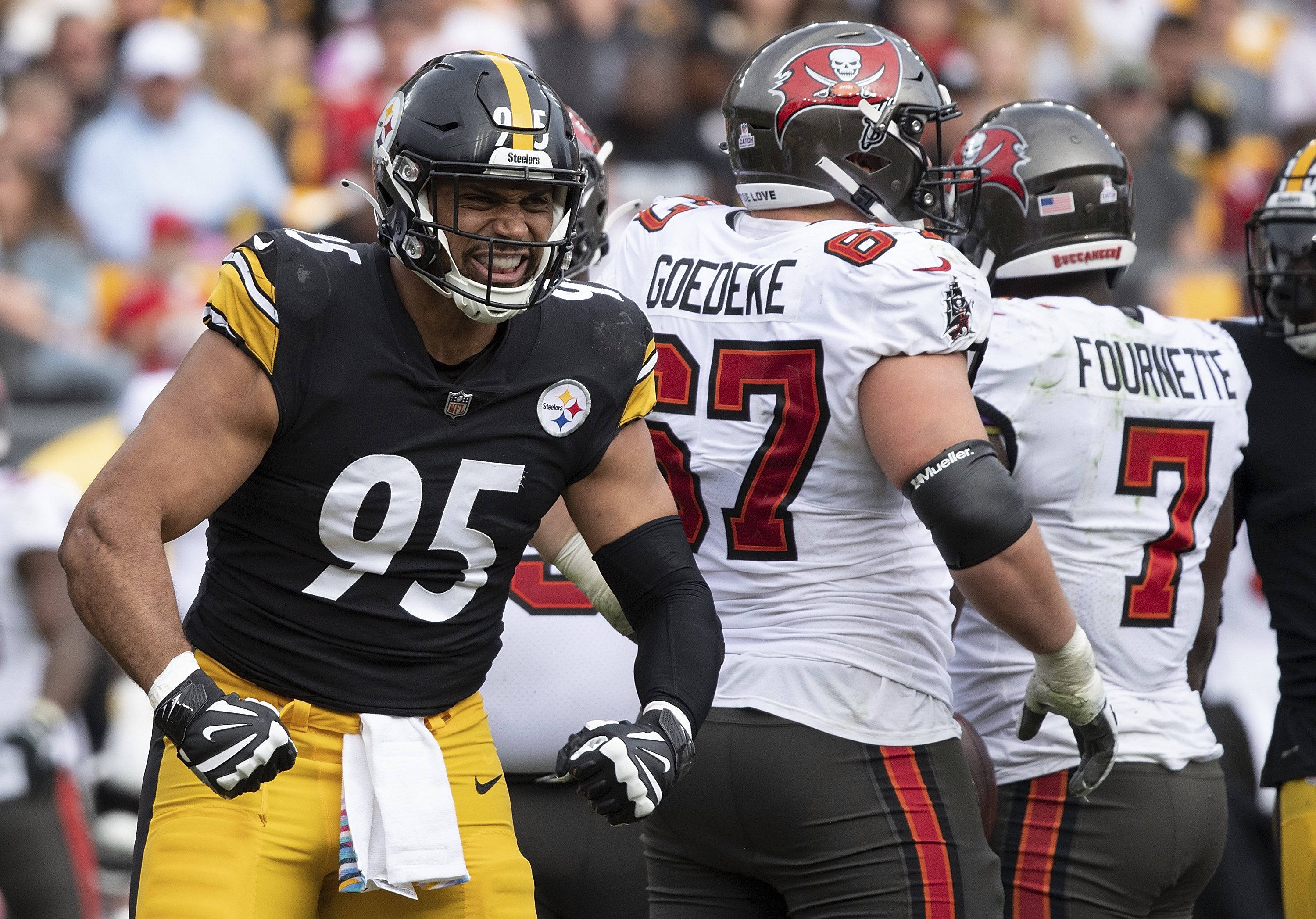 Pittsburgh Steelers defensive tackle Chris Wormley (95) reacts after a  defensive stop in the second half during an NFL football game against the Tampa  Bay Buccaneers in Pittsburgh, Sunday, Oct. 16, 2022. (