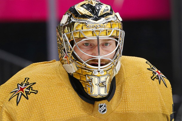 Vegas Golden Knights goaltender Adin Hill (33) is shown during the second period of an NHL hockey game against the Winnipeg Jets at T-Mobile Arena Thursday, Oct. 20, 2022.