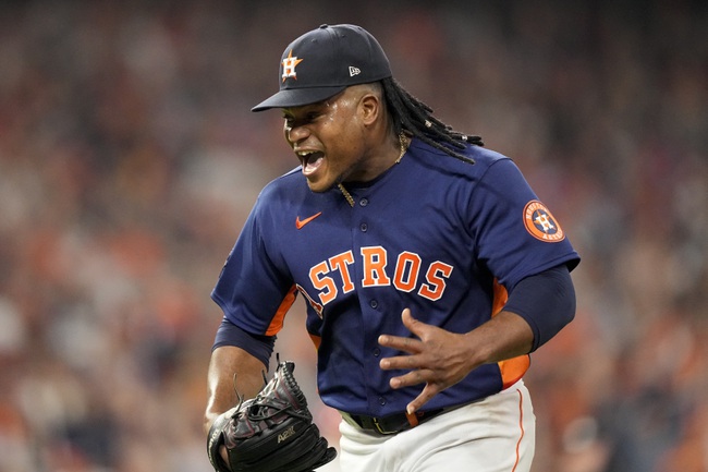 Houston Astros starting pitcher Framber Valdez celebrates a double play to end the top of the sixth inning in Game 2 of the World Series between the Houston Astros and the Philadelphia Phillies on Saturday, Oct. 29, 2022, in Houston.


