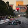 George Russell drives during a demonstration along the Las Vegas Strip at a launch party for the Formula One Las Vegas Grand Prix, Saturday, Nov. 5, 2022, in Las Vegas.