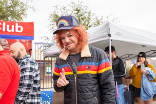 Las Vegas headliner Carrot Top poses for a photo while waiting in line to vote at Desert Breeze Community Center in Las Vegas on Election Day Tuesday Nov. 8, 2022.