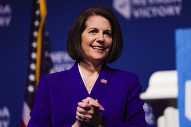 Senator Catherine Cortez Masto, D-Nev., smiles onstage during the Democratic Party’s watch party on election night, Tuesday, Nov. 8, 2022.