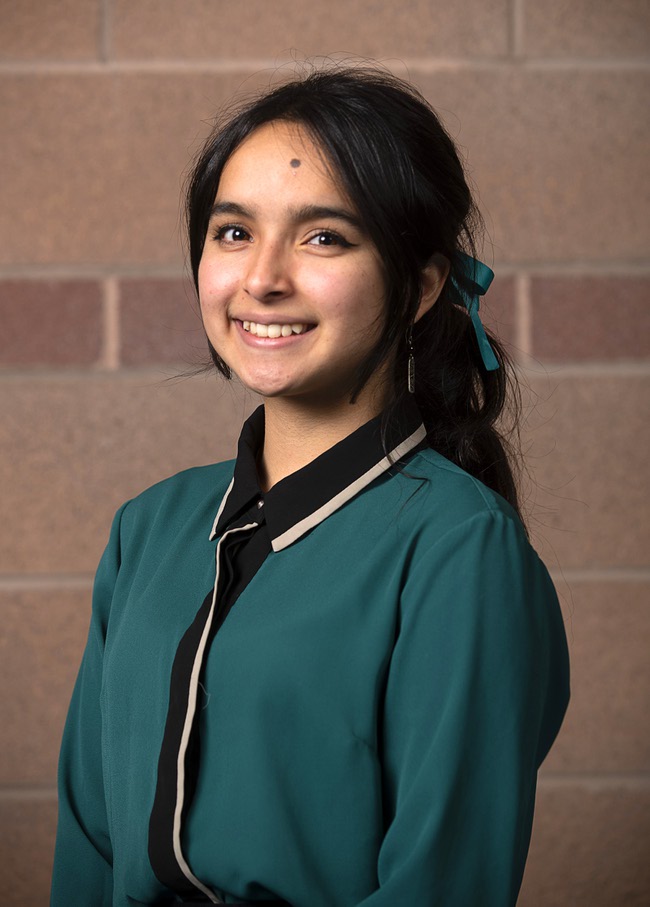 Student representative Ayleen Ramirez-Barraza, of Veterans Tribute CTA, poses during the 64th annual Las Vegas Sun Youth Forum at Liberty High School in Henderson, Tuesday, Nov. 8, 2022.