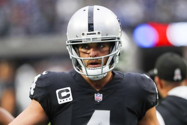 Las Vegas Raiders quarterback Derek Carr (4) warms up prior to an NFL football game against the Indianapolis Colts at Allegiant Stadium Sunday, Nov. 13, 2022.