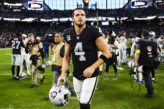 Las Vegas Raiders quarterback Derek Carr (4) leaves the field after a loss to the Indianapolis Colts, 20-25, during an NFL football game at Allegiant Stadium Sunday, Nov. 13, 2022.