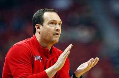 UNLV Rebels head coach Kevin Kruger encourages his players during an NCAA basketball game against the Dayton Flyers at the Thomas & Mack Center Tuesday, Nov. 15, 2022.