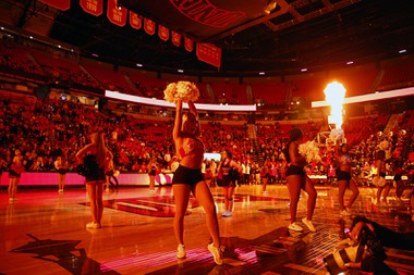 UNLV cheerleaders perform before an NCAA basketball game between the UNLV Rebels and the Dayton Flyers at the Thomas & Mack Center Tuesday, Nov. 15, 2022. 