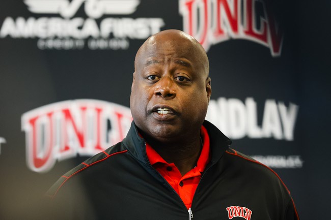 UNLV Director of Athletics Erick Harper announces football head coach Marcus Arroyos firing during a press conference at the Fertitta Football Complex Monday, Nov. 28, 2022.