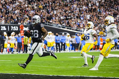 Davante Adams had 177 receiving yards and two second-half touchdowns today for the Las Vegas Raiders in a 27-20 victory against the visiting Los Angeles Chargers.


