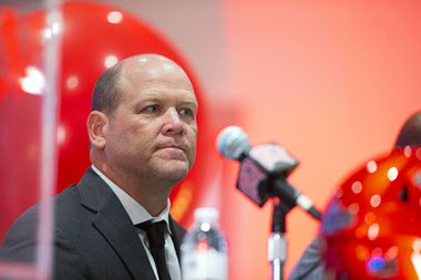 Barry Odom, new UNLV head football coach, waits to be introduced during a news conference at UNLV Wednesday, Dec. 7, 2022. Odom, 46, served as the defensive coordinator at Arkansas for the past three years and was the head coach at Missouri from 2016-19.