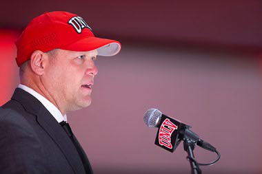 Barry Odom, new UNLV head football coach, speaks during a news conference at UNLV Wednesday, Dec. 7, 2022. Odom, 46, served as the defensive coordinator at Arkansas for the past three years and was the head coach at Missouri from 2016-19.