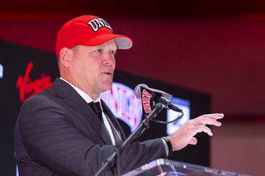 Barry Odom, new UNLV head football coach, responds to a question during a news conference at UNLV Wednesday, Dec. 7, 2022. Odom, 46, served as the defensive coordinator at Arkansas for the past three years and was the head coach at Missouri from 2016-19.