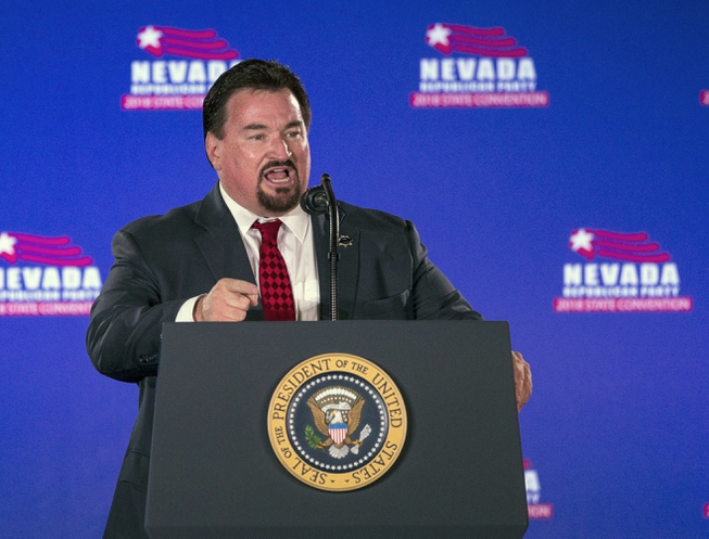 Nevada State GOP Chairman Michael McDonald announces President Donald Trump before he speaks the Nevada Republican Party Convention at the Suncoast Hotel and Casino Saturday, June 23, 2018, in Las Vegas. New transcripts released on Wednesday, Dec. 21, 2022, by the House Jan. 6 committee reveals Donald Trump and his allies played a direct role in the Nevada Republican Party's phony elector scheme in 2020. The transcripts show McDonald invoked his Fifth Amendment protection 275 times when he was interviewed in February. 


