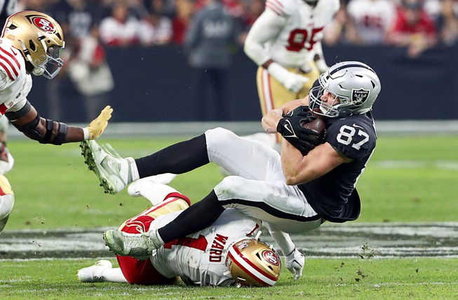 Las Vegas Raiders tight end Foster Moreau (87) is tripped up by San Francisco 49ers cornerback Jimmie Ward (1) after a pass reception during the second half of an NFL football game at Allegiant Stadium Sunday, Jan. 1, 2023.