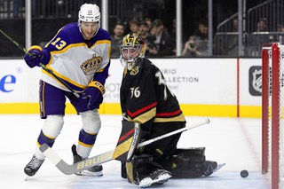 Vegas Golden Knights goaltender Logan Thompson misses the save on a goal shot by Los Angeles Kings left wing Kevin Fiala, while Kings right wing Gabriel Vilardi (13) begins to celebrate during the first period of an NHL hockey game Saturday, Jan. 7, 2023, in Las Vegas.