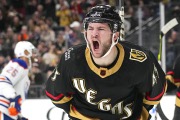 Vegas Golden Knights center Paul Cotter (43) celebrates after scoring against the Edmonton Oilers during the second period of an NHL hockey game Saturday, Jan. 14, 2023, in Las Vegas.