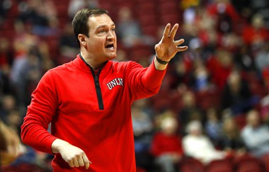 UNLV Rebels head coach Kevin Kruger calls out to players during the second half of an NCAA basketball game against the Colorado State Rams at the Thomas & Mack Center in Las Vegas Saturday, Jan. 14, 2023.