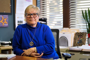 Terry Ruth Lindemann, executive director of Family Promise of Las Vegas, poses in her office Thursday, Jan 19, 2023. Lindemann is responsible for the operations of the Day Center and staff and works with congregational volunteers in the interfaith shelter network.