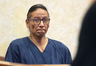 Former actor Nathan Lee Chasing His Horse, also known as Nathan Chasing Horse, appears in North Las Vegas Justice Court Thursday, Feb. 2, 2023. Chasing Horse was arrested Jan. 31 on counts related to sex trafficking, sexual assault of a child younger than 16 and child abuse, according to police.