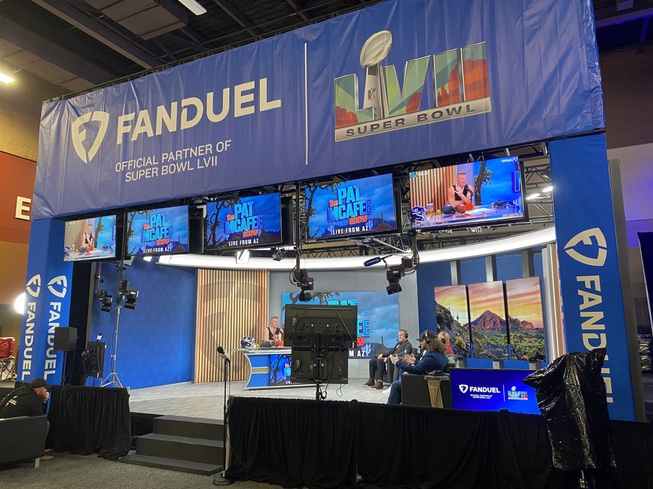 Pat McAfee broadcasts live from FanDuel's setup at the Super Bowl 57 Media Center on Tuesday Feb. 7, 2023, at the Phoenix Convention Center.