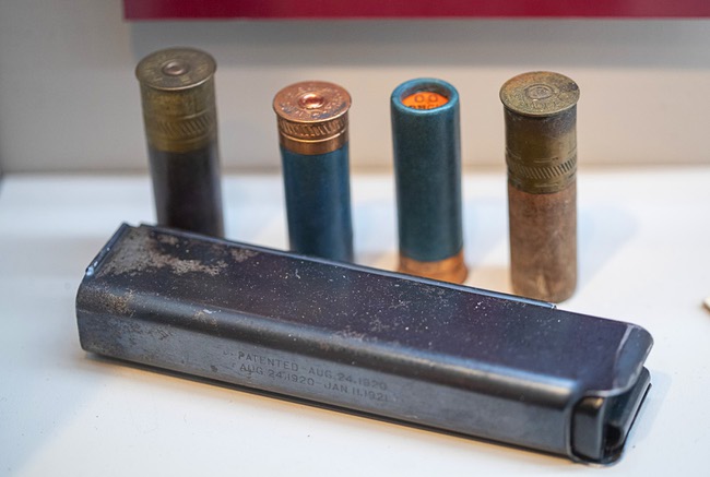 Shotgun shells and a magazine for a Thompson submachine gun, recovered at the scene of the St. Valentine's Day Massacre, are displayed at the Mob Museum in downtown Las Vegas Friday, Feb. 10, 2023.