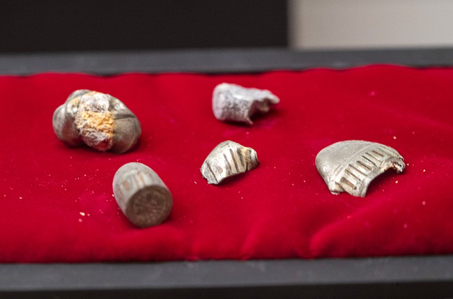 Bullets and bullet fragments, taken from the body of slain mobster Albert Weinshenk, are displayed at the Mob Museum in downtown Las Vegas Friday, Feb. 10, 2023. Weinshenk was one of the seven men murdered at the at the St. Valentine's Day Massacre on Feb. 14, 1929.