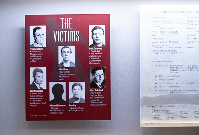 A exhibit, showing the victims of the 1929 St. Valentine's Day Massacre, is displayed at the Mob Museum in downtown Las Vegas Friday, Feb. 10, 2023.