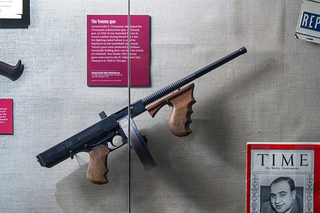 A Thompson Model 1921AC submachine gun is displayed at the Mob Museum in downtown Las Vegas Friday, Feb. 10, 2023. Two Thompson submachine guns and shotguns were used by mobsters in the St. Valentine's Day Massacre in 1929.