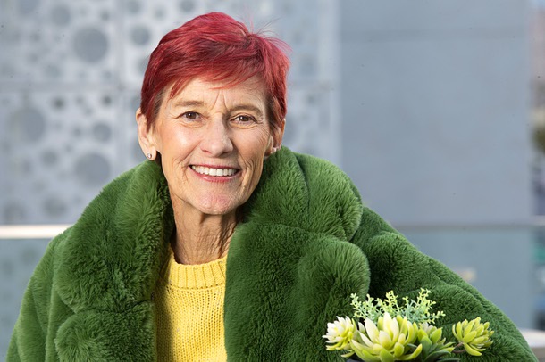 Beverly Rogers, chairman of the board for the Rogers Foundation, poses at Segue, a second-floor jazz terrace and literary event space, during a media tour of the Beverly Theater in downtown Las Vegas Tuesday, Feb. 28, 2023. The theater, a two-story 14,306 sq. ft. film house and performance theater, opens Friday, March 3, 2023.
