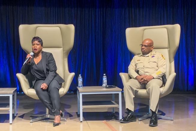 Metro Police Lt. Charles Jenkins, right, and Yolanda Brown, principal of West Preparatory Academy, speak Tuesday during Las Vegas Metropolitan Police Foundation panel of Black leaders.