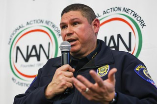 Clark County School District Police Department Chief Mike Blackeye speaks during a town hall Monday, Mar. 6, 2023. The town hall was held to discuss an investigation into last month's violent interaction between a CCSD police officer and a Black teen at Durango High School.