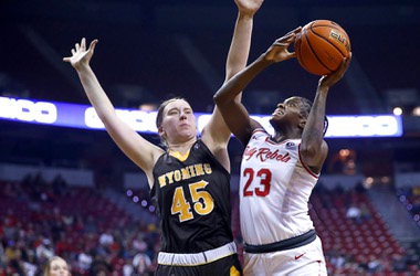 UNLV Lady Rebels center Desi-Rae Young (23) takes a shot against Wyoming Cowgirls center Allyson Fertig (45) in the first half of an NCAA basketball championship game during the Mountain West tournament at the Thomas & Mack Center Wednesday, March 8, 2023. STEVE MARCUS