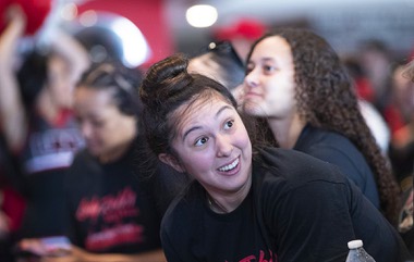 UNLV Lady Rebels guard Alyssa Durazo-Frescas reacts after the Lady Rebels’ NCAA Tournament selection is announced during a watch party at the Thomas & Mack Center Sunday, March 12, 2023. The Lady Rebels will face Michigan in Baton Rouge, Louisiana on Friday.