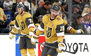 Vegas Golden Knights center William Karlsson (71) and right wing Reilly Smith (19) react after a goal by Calgary Flames center Mikael Backlund (not pictured) during the third period of an NHL hockey game at T-Mobile Arena Thursday, March 16, 2023.