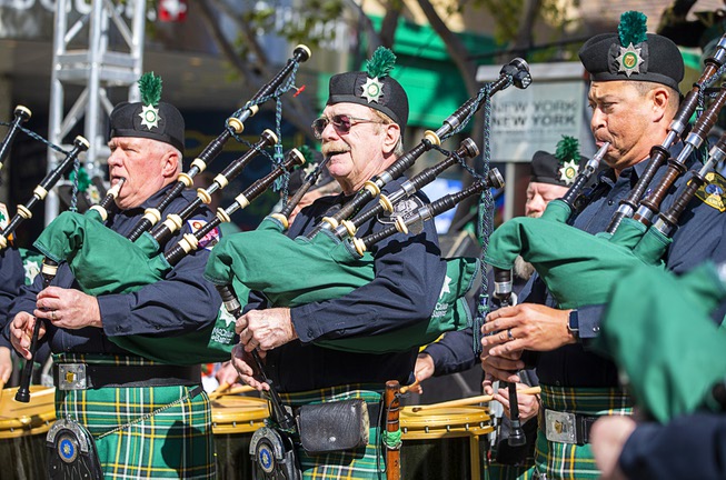 Bagpipers with the Las Vegas Emerald Society perform during the annual St. Patrick's Day festivities at New York-New York Friday, March 17, 2023.