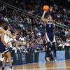 Gonzaga Bulldogs guard Julian Strawther (0) takes a three point shot during the second half of a Sweet Sixteen NCAA Tournament basketball game at T-Mobile Arena Thursday, March 23, 2023.