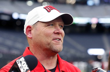 UNLV Rebels head coach Barry Odom talks with reporters after the UNLV Spring Showcase at Allegiant Stadium Saturday, April 8, 2023.