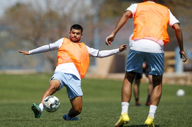 Azriel Gonzalez, left, practices with the Las Vegas Lights FC at the  Kellogg-Zaher Soccer Complex in Summerlin Thursday, April 13, 2023. Born and raised in Southern Nevada, Gonzalez is the 10th player in Lights FC history to have been born in, raised in and/or attended school in the Las Vegas area.