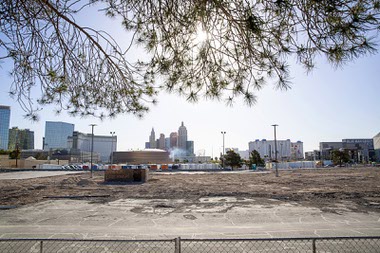 A view of the former Wild Wild West hotel-casino site on Tropicana Avenue, between Polaris Avenue and Dean Martin Drive, Thursday, April 20, 2023. The Oakland Athletics have agreed in principle to purchase the land to build a new ballpark, according to team President Dave Kaval.