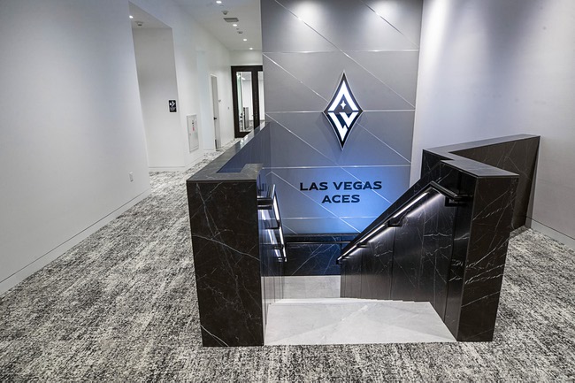 A second floor houses offices and a view of the practice courts at the Las Vegas Aces headquarters and practice facility in Henderson Friday, April 28, 2023.