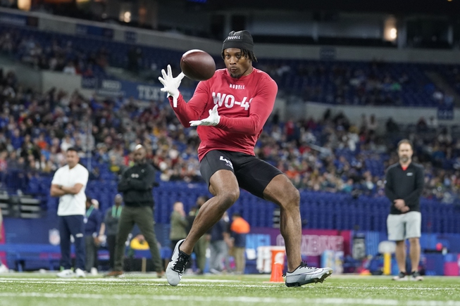 Cincinnati wide receiver Tre Tucker runs a drill at the NFL football scouting combine in Indianapolis, Saturday, March 4, 2023.