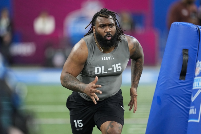 Arizona State defensive lineman Nesta Silvera runs a drill at the NFL football scouting combine in Indianapolis, Thursday, March 2, 2023.