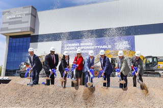 From left, Las Vegas Convention and Visitors Authority President Steve Hill, and the LVCVA Board of Directors, Cedric Crear, Mary Beth Sewald, Michelle Romero, Scott DeAngelo, Jim Gibson, Brian Wursten and Steve Walton shovel dirt during a ceremonial groundbreaking for a renovation project at the Las Vegas Convention Center Tuesday, May 9, 2023.