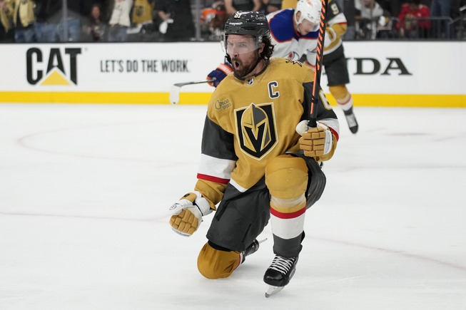 Vegas Golden Knights right wing Mark Stone (61) celebrates after scoring against the Vegas Golden Knights during the second period of Game 5 of a Stanley Cup second-round playoff series Friday, May 12, 2023, in Las Vegas. 


