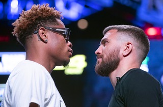 Undisputed lightweight champion Devin Haney, left, faces off with Vasiliy Lomachenko during a news conference at the MGM Grand Garden Arena Wednesday, May 17, 2023. Haney will defend his titles against Lomachenko at the arena Saturday, May 20.