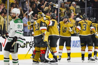 The Vegas Golden Knights celebrate after defeating the Dallas Stars, 4-3, during overtime of Game 1 of an NHL hockey Stanley Cup Western Conference Final at T-Mobile Arena Friday, May 19, 2023, in Las Vegas.