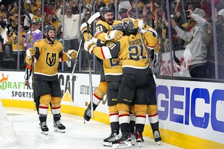 Vegas Golden Knights celebrate after Vegas Golden Knights center Chandler Stephenson (20) scored against the Dallas Stars during overtime of Game 2 of the NHL hockey Stanley Cup Western Conference finals Sunday, May 21, 2023, in Las Vegas.