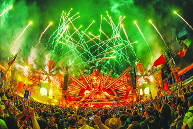 Fireworks light the sky over the Kinetic Field stage overnight May 22, 2023, on the first day of the Electric Daisy Carnival at the Las Vegas&nbsp;Speedway.