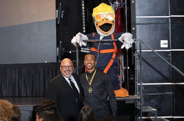 Chuck Johnson, general manager of the Las Vegas Aviators, and mascot Spruce the Goose, pose with Male Athlete of the Year Dedan Thomas Jr. of Liberty High School during the 2023 Sun Standout Awards at the South Point Showroom Monday, May 22, 2023. The Aviators sponsored the Male Athlete of the Year award.